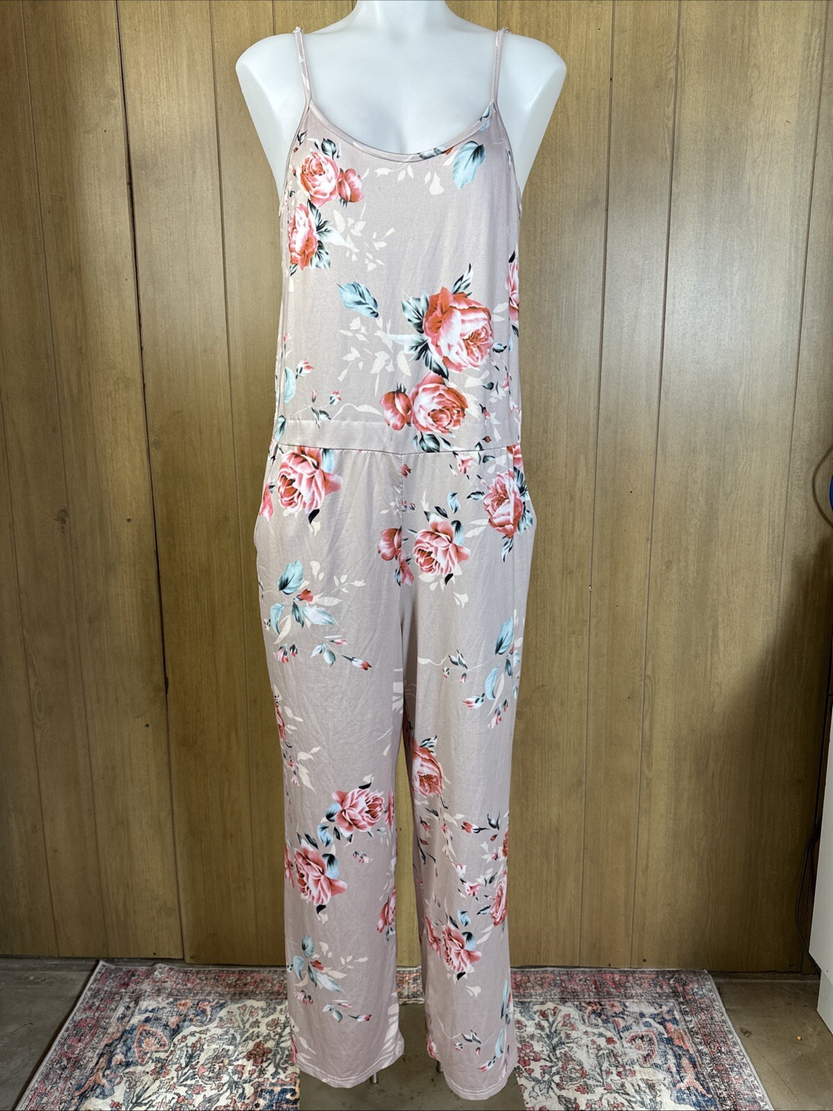Floral Loungewear Jumpsuit Pockets Adjustable Straps beige pink