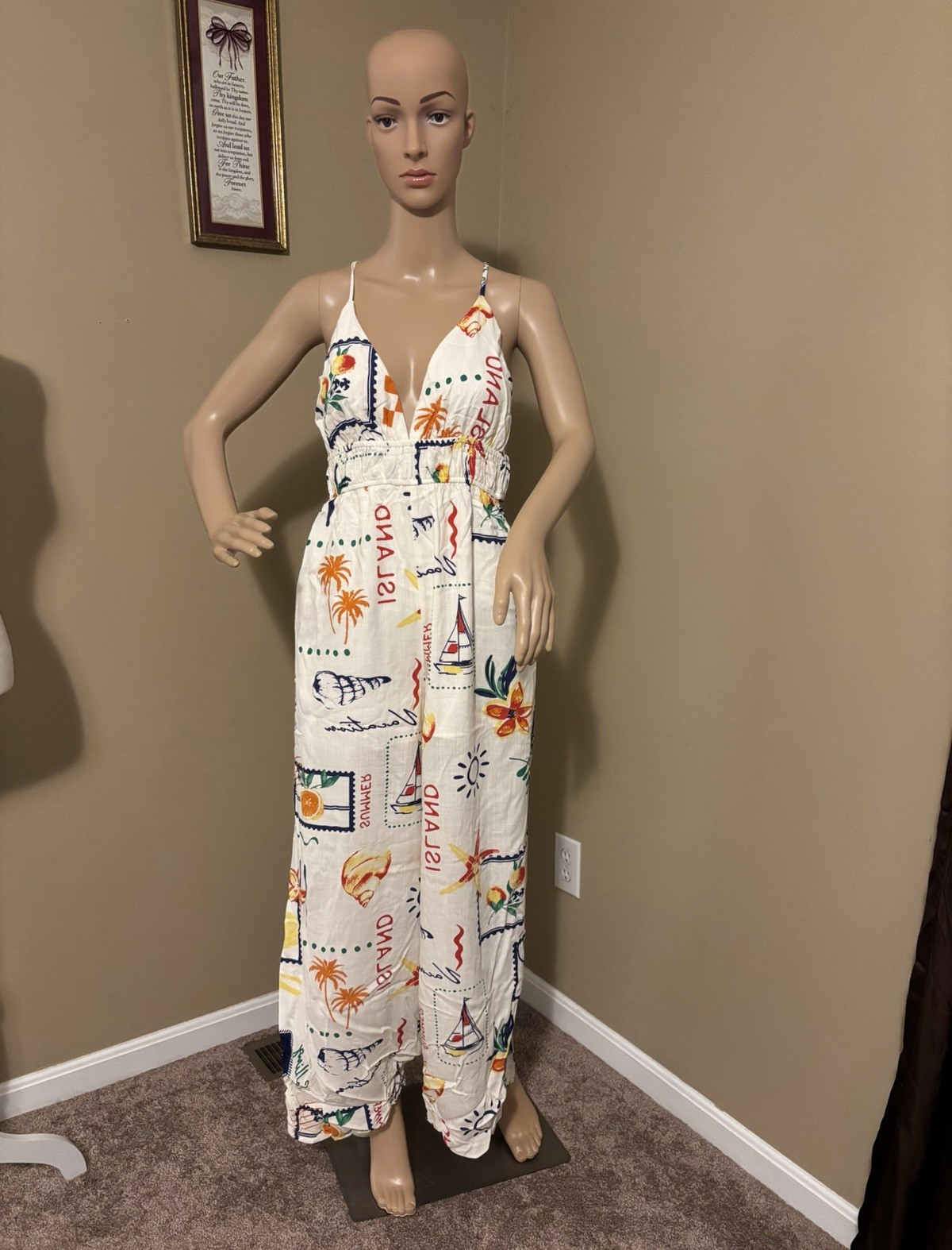 Women’s White Multicolor Tropical Graphic V-Neck Spaghetti Strap Wide-Leg M