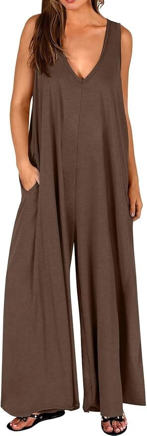 Women Sleeveless Wide Leg Jumpsuit V Neck One Piece Jumpsuit Flowy Jumper Romper