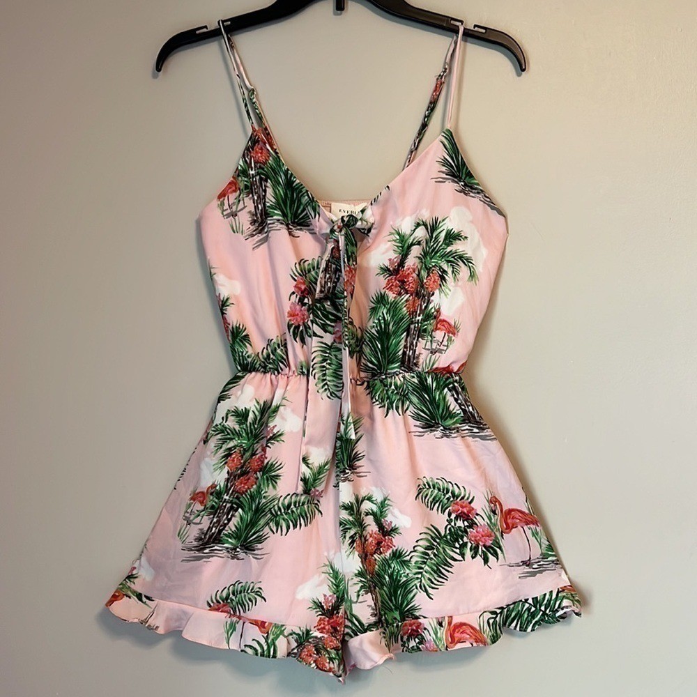 Everly Romper Vacation Resort Light Baby Pink Flamingo Floral Print Ruffle S