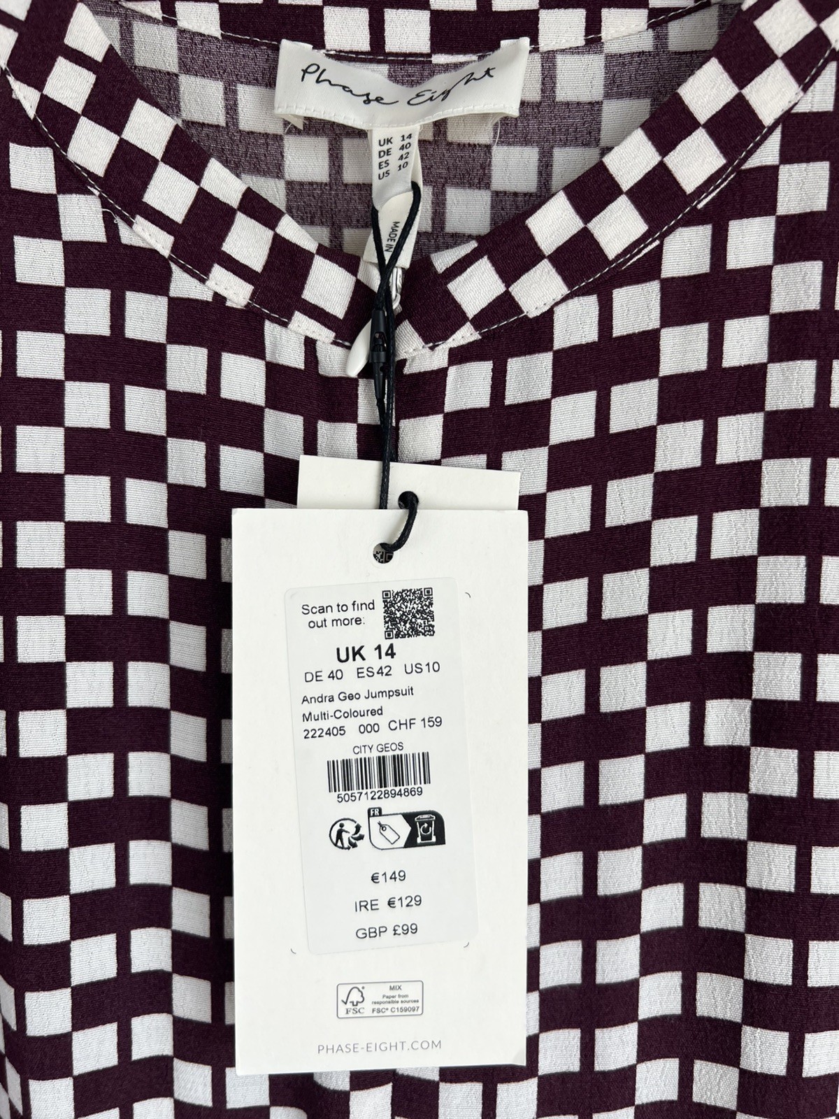 Phase Eight Andra Geo Multi Check Jumpsuit Front Zip Wide Leg UK 14 New