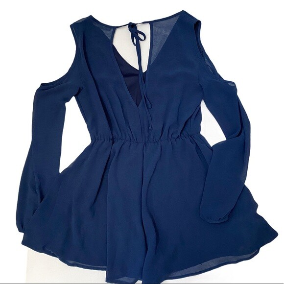 Final Touch Romper Sheer Navy Blue Cold Shoulder Tie Back Sz Small