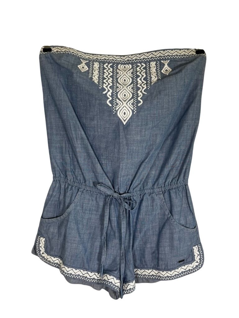 Hollister Romper Floral Embroidered M Blue Boho Indie Festival Resort Preppy 80s