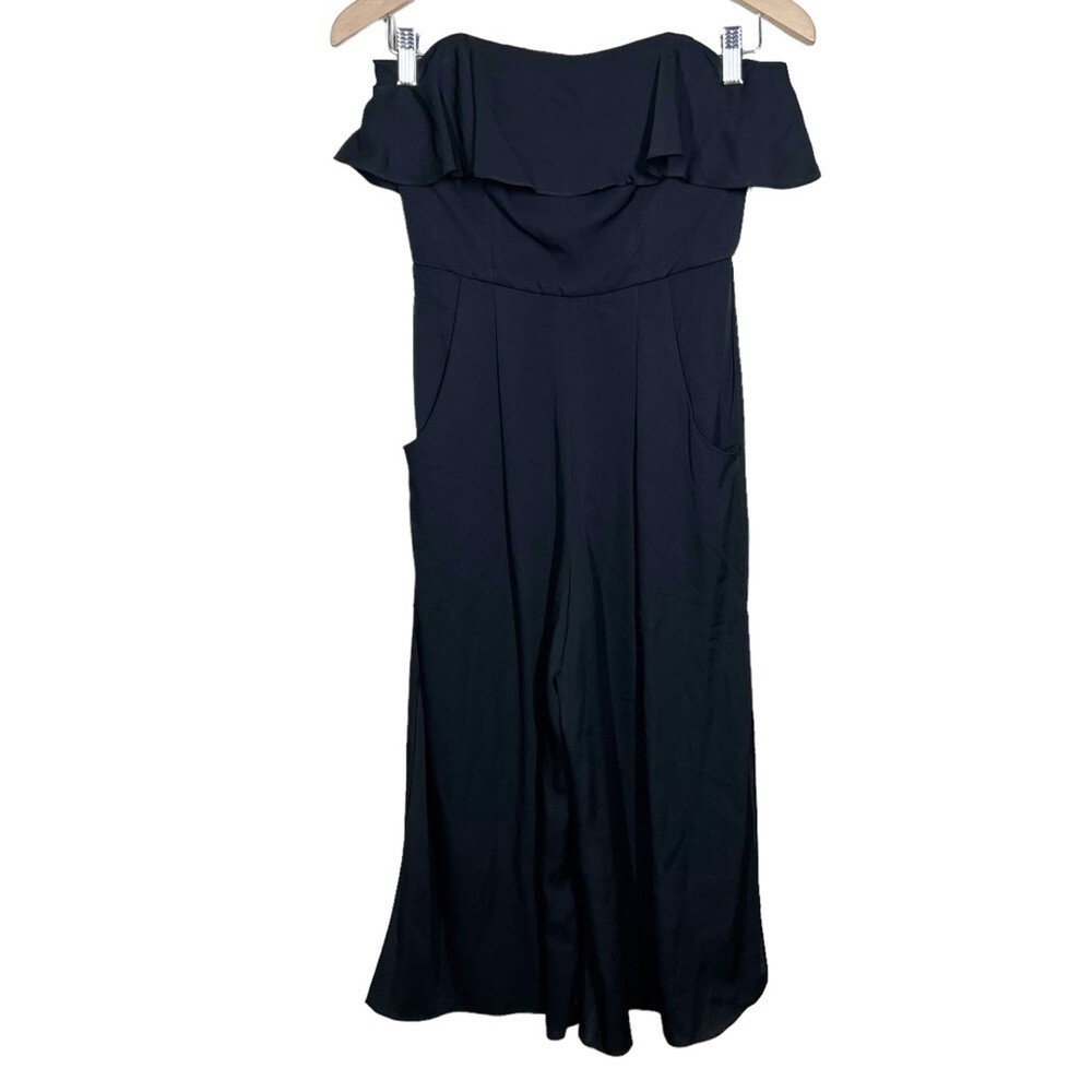 Milly Womens Black Flutter Strapless Cropped Silk Wide Leg Jumpsuit Size 0