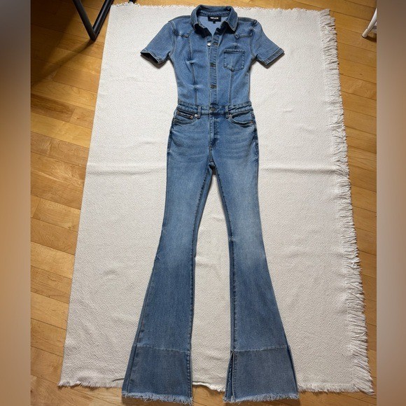 SEROYA Women Fallon Blue Denim Jumpsuit XS Western Flare Bootcut Festival