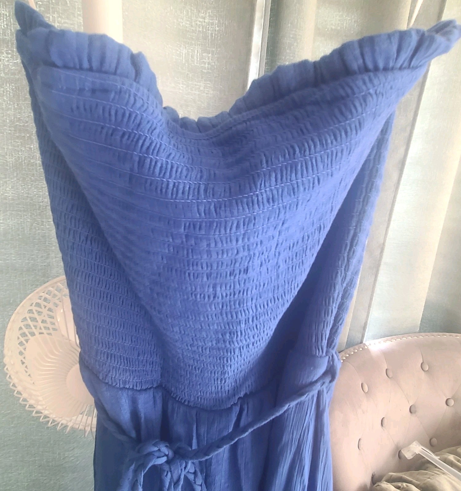 Love Tree Smocked Jumpsuit Large Royal Blue Strapless Wide Leg Gauze Tie Boho