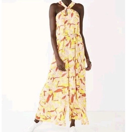 Nine West Yellow Floral Halter Neck Wide Leg Jumpsuit Sleeveless Size L gf