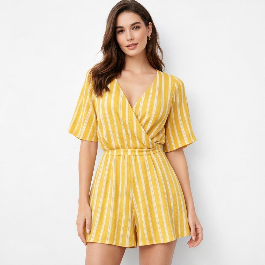 Altar’d State S Yellow White Striped Wrap Romper Tie Waist Coastal Resort Beach