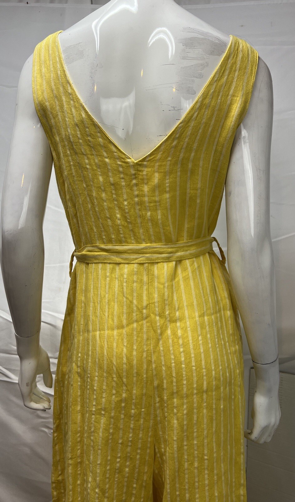 Lungo L’arno Women’s XS Yellow Linen Pinstripe Belted Wide Leg Jumpsuit