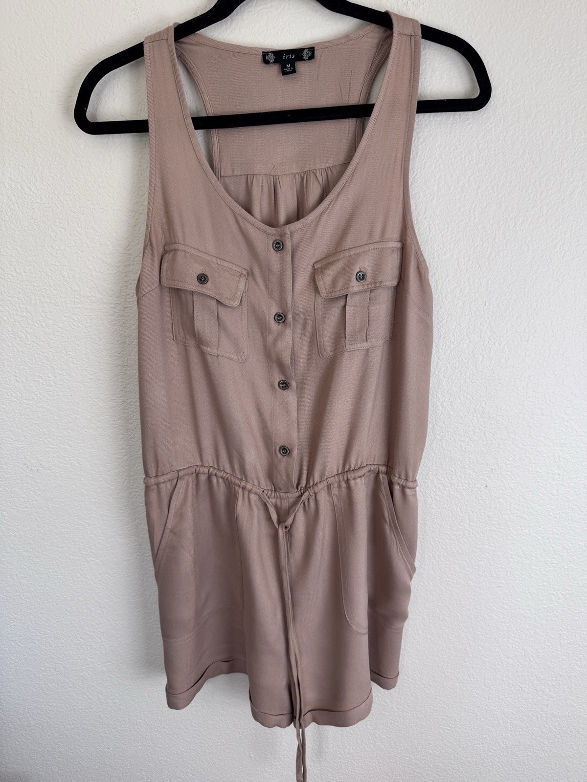 Iris Sleeveless Drawstring Utility Romper in Khaki Size M