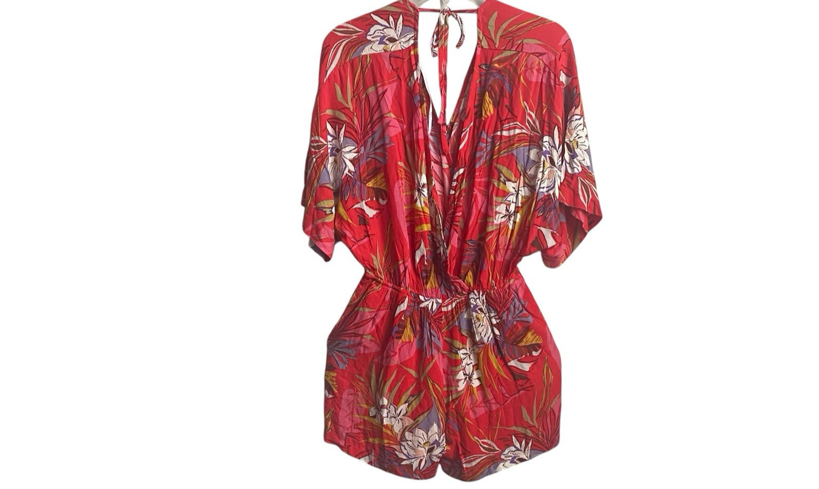 NWT LULU’S Festival Flirt Red Tropical Print Dolman Sleeve Romper Size Small