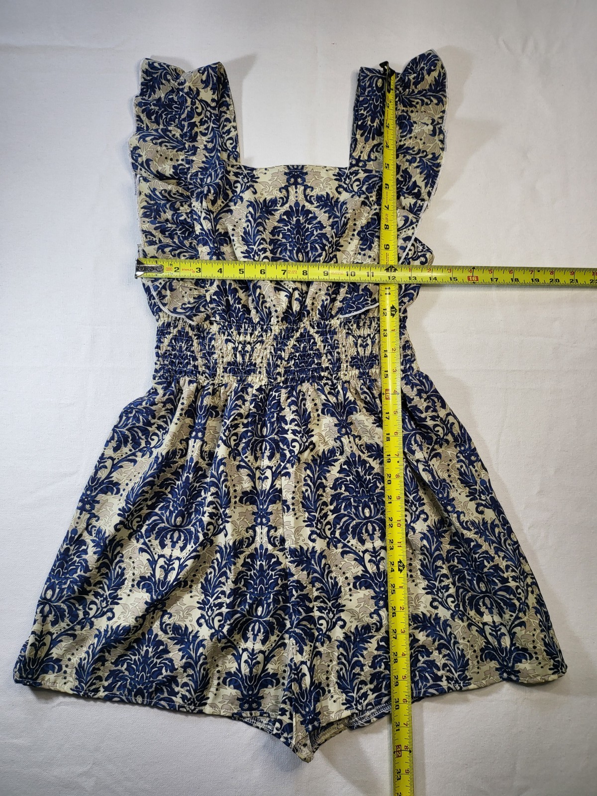 SHEIN Blue & White Damask Ruffle Strap Smocked Romper – Size M (US 6)