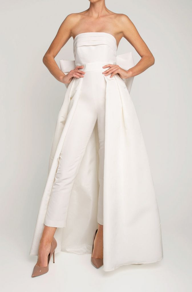 Women Jumpsuit Detachable Train Overskirt Satin Bow Waistband Floor Length Train