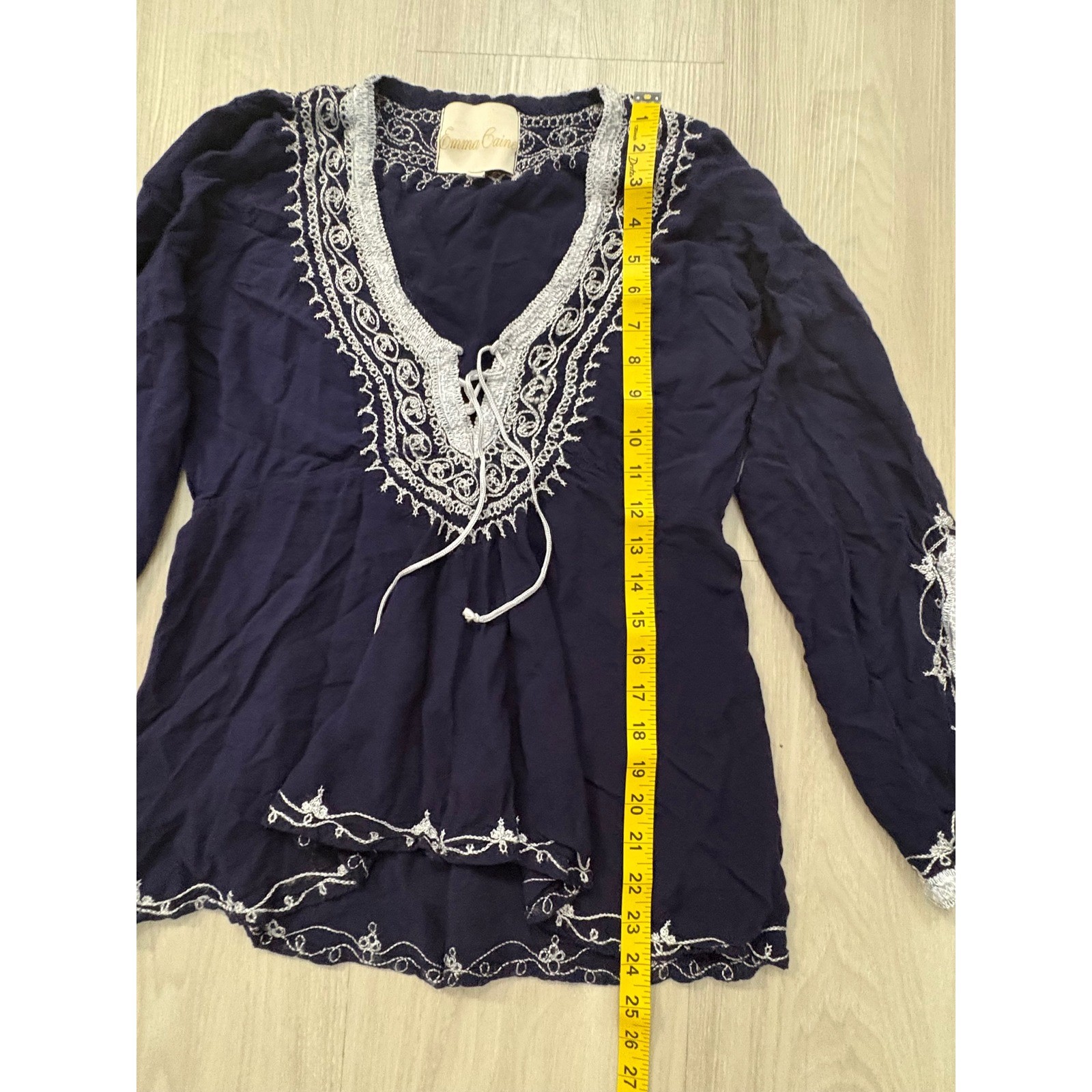 Emma Caine Blouse Women Navy Blue Embroidered Long Sleeve Lace Up Romper Boho M