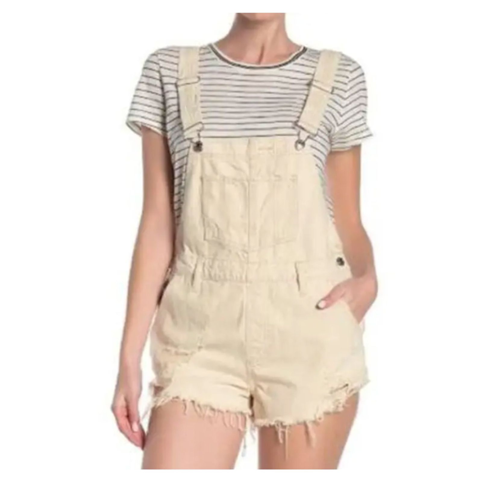 ~ Free People 30 Shortalls We The Free Cream Distressed Denim Short Overall Fray