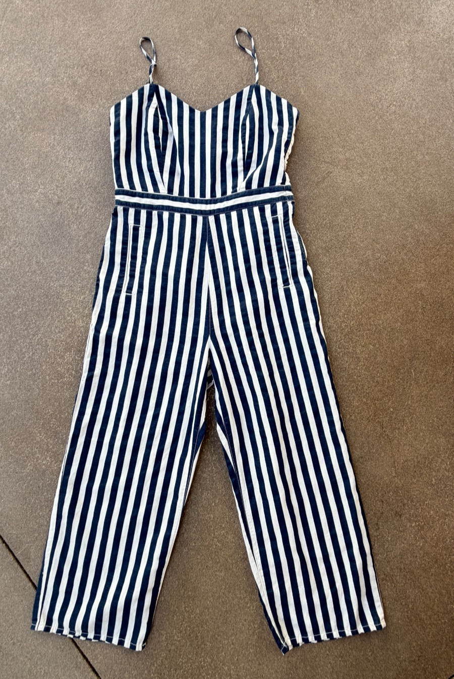 MOTHER The Cut It Out Jumpsuit Large Blue White Vertical Stripe Linen Blend