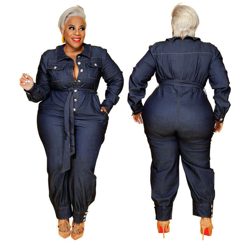 Plus Size Women Long Sleeves Casual Denim Jeans Buttons Belted Jumpsuit Romper