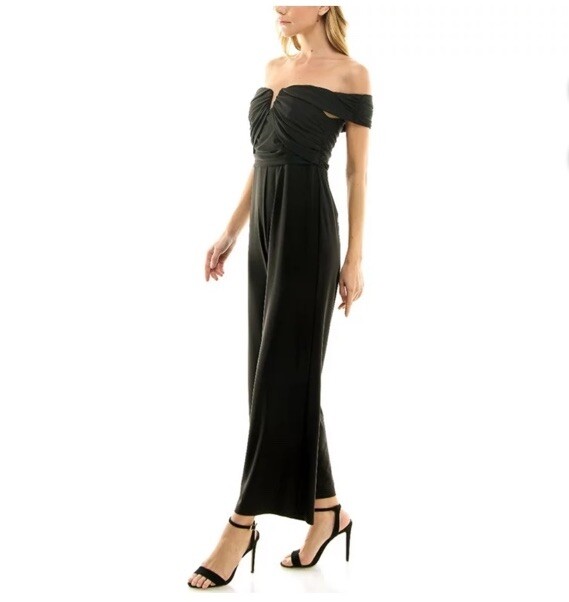 Orig $189) NICOLE MILLER Jumpsuit Off Shoulder Ruched Front Zipper Back Black 14