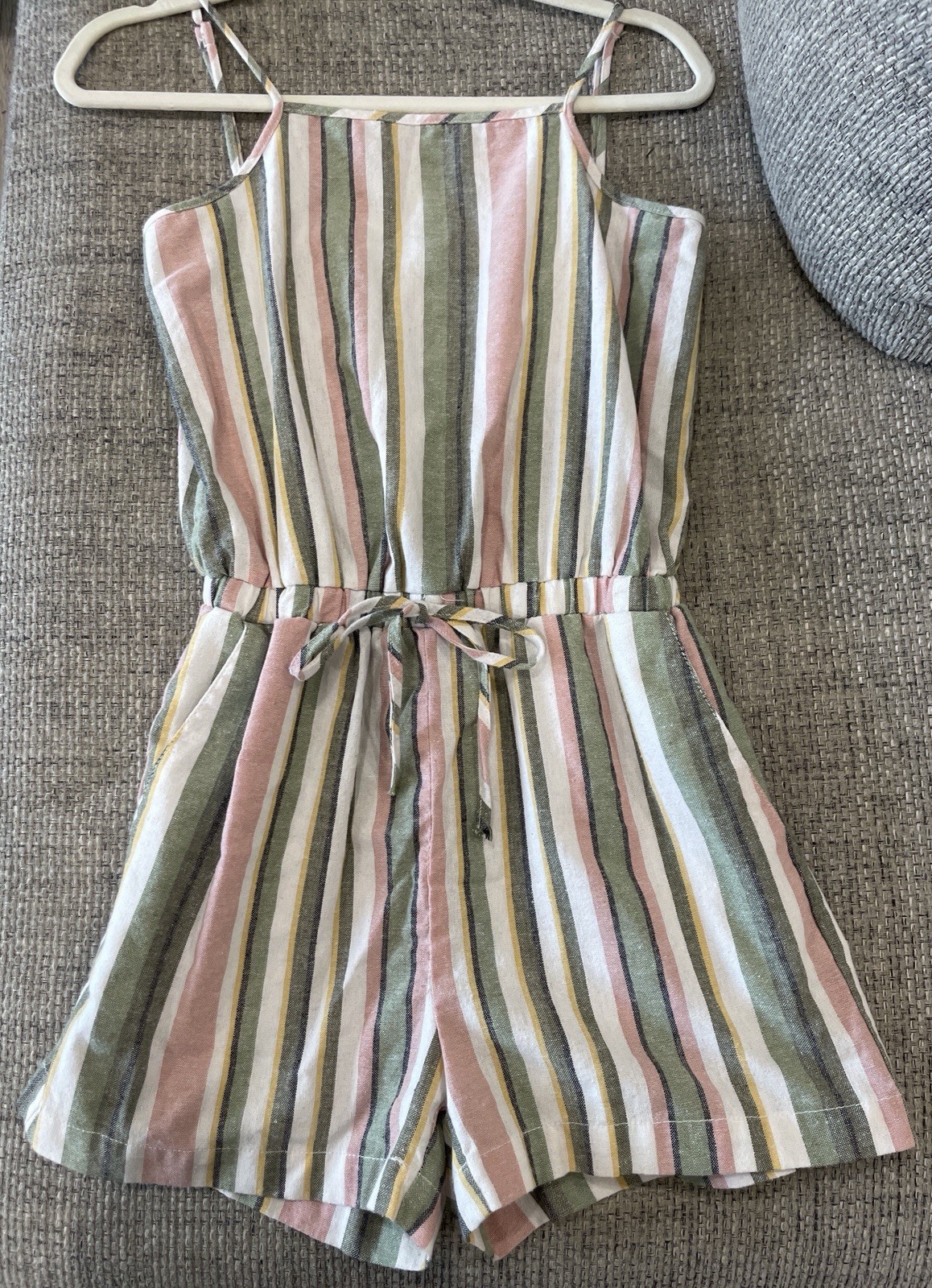 Striped Tie Front Romper Elastic waist Pink & Green Linen Spaghetti Strap Small