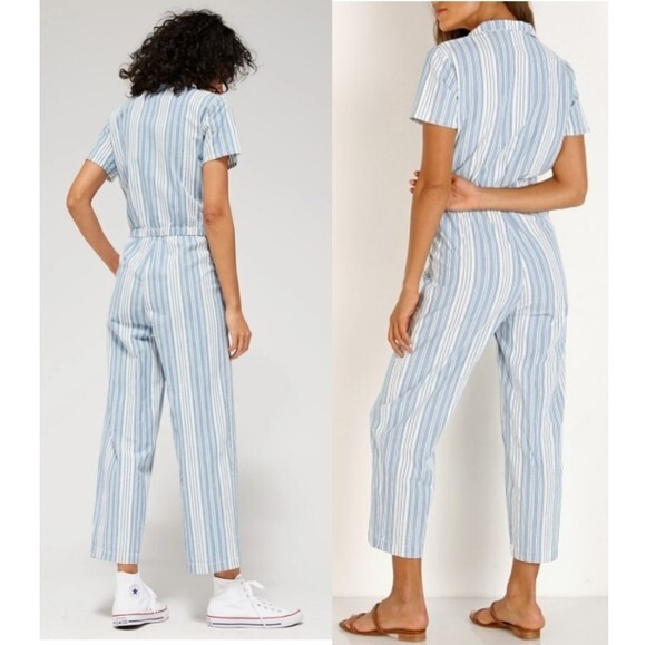 NEW LACAUSA Indigo Striped Montana Jumpsuit Womens Size Medium 100% Cotton