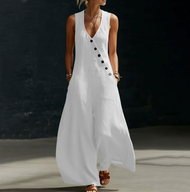 Womens V-Neck Sleeveless Wide Leg Jumpsuit Loose Casual Romper Pants Overalls
