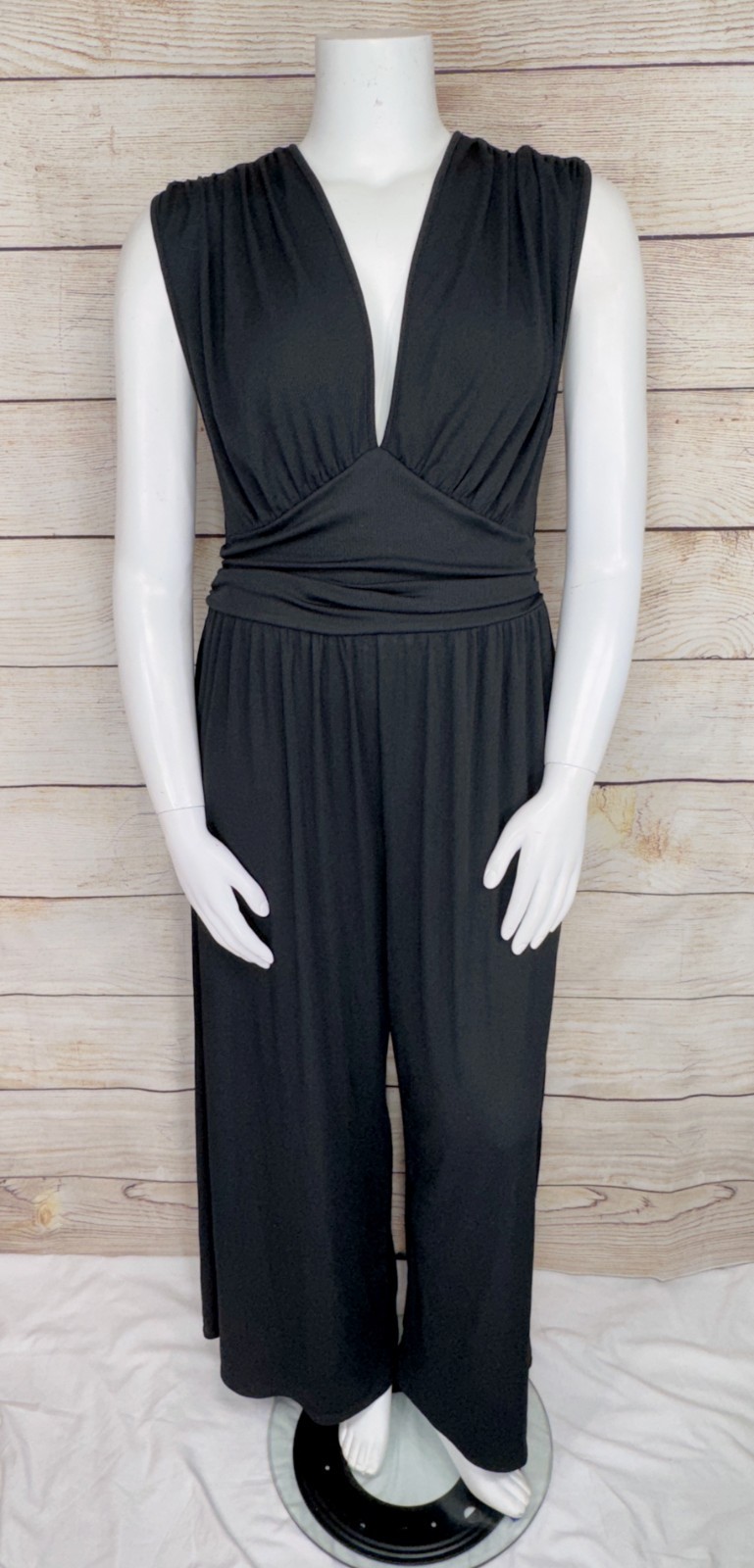 CIDER Women’s 2XL Black V-Neck Ruched Wide Leg Pocket Jumpsuit EUC