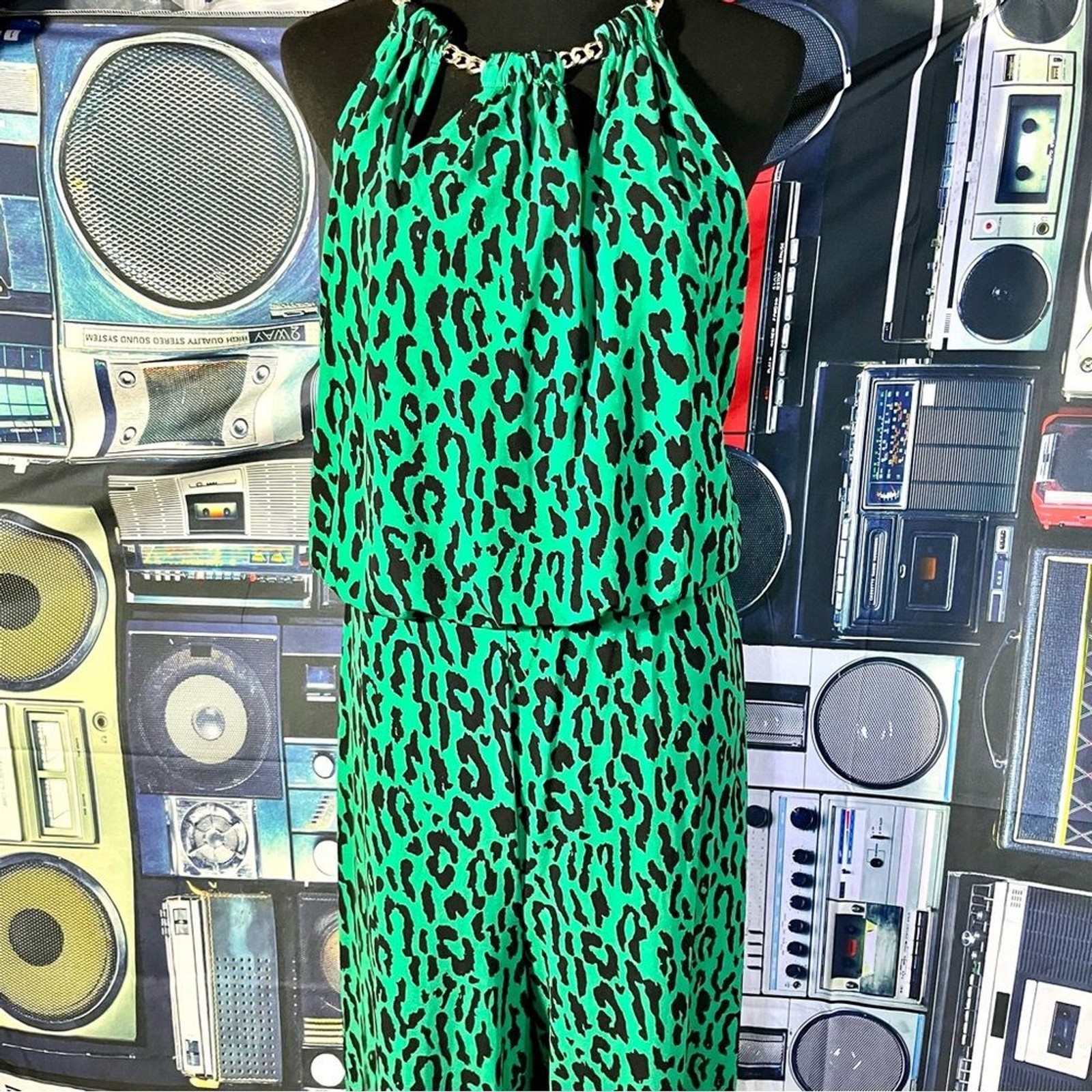 Thalia Sodi – Leopard Green Dress Jumpsuit Chain Neck Closure Women’s Size Large