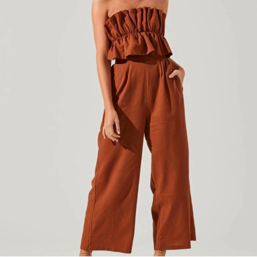 ASTR The Label Linen Jump Suit Wide Leg Strapless Ruffle Backless Elasticated: L