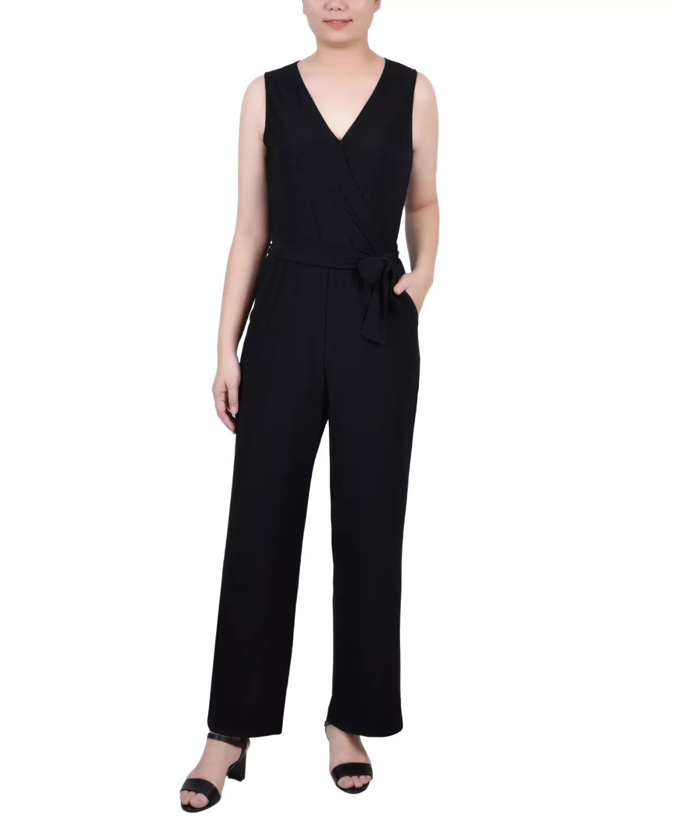 NY Collection Petite Short Sleeveless Belted Jumpsuit Black Size PXs 1159