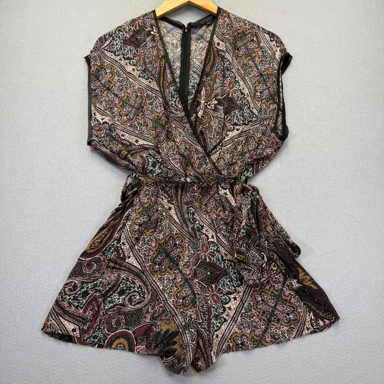 AllSaints Reid Scarf Playsuit Paisley Print Romper Black Burgundy WP030R Size 0