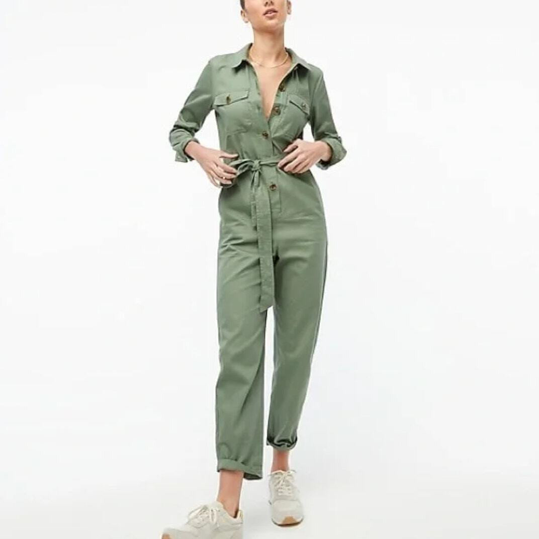 J Crew Utility Jumpsuit 4 Womens Green Coveralls Overalls Long Sleeve Belted