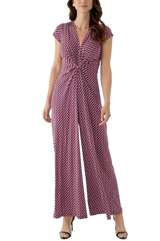 Vince Camuto Twist-Front Cap-Sleeve Jumpsuit Women’s L Red Multi Zip Closure