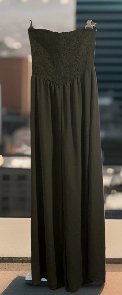Women’s Jumpsuit Business Casual Olive Green Pleated Crop Top Wide Leg No Straps