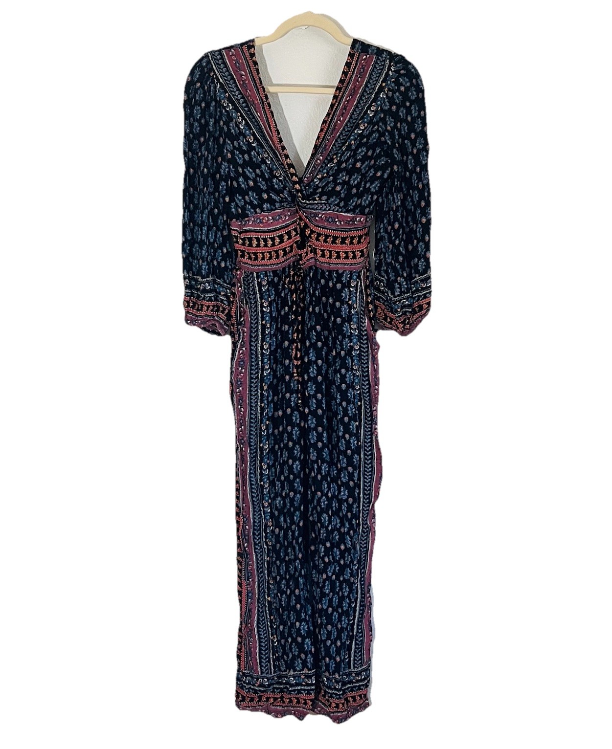 Angie Floral Straight Leg Keyhole Jumpsuit Overall Romper Size L Boho V-neck