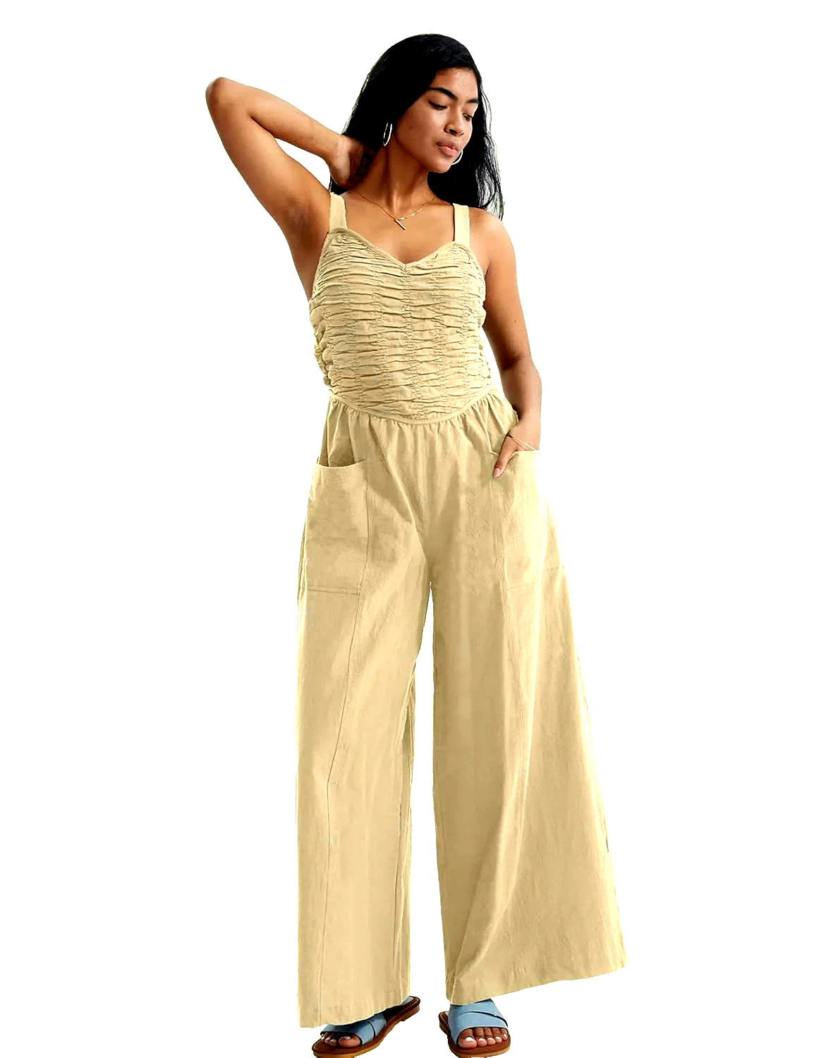 Cherfly Womens Casual Jumpsuit Open-Back Tie Closure Wide Leg with Pockets, M