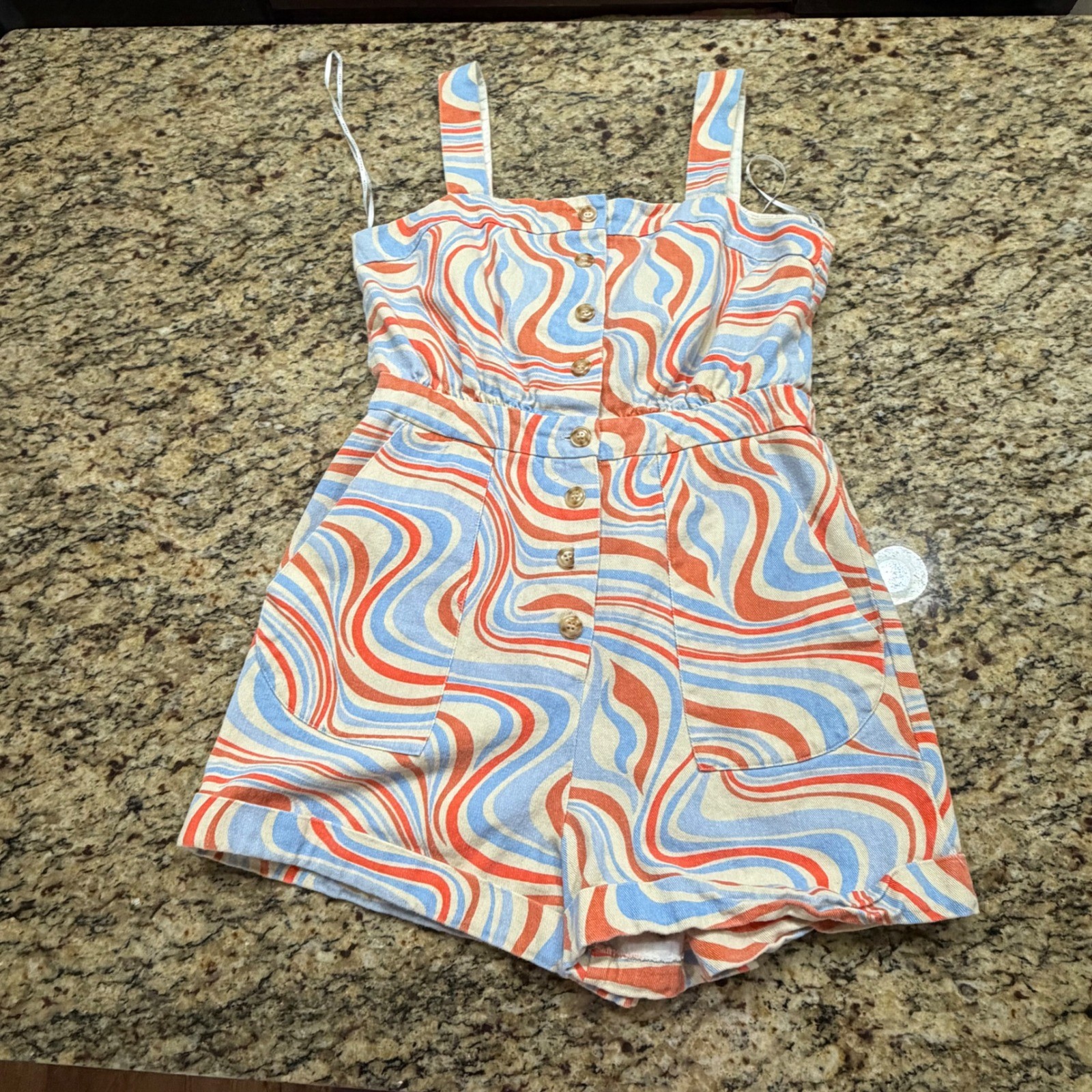 FRNCH Paris Retro Psychedelic Swirl Button Front Romper Orange Blue Women’s L