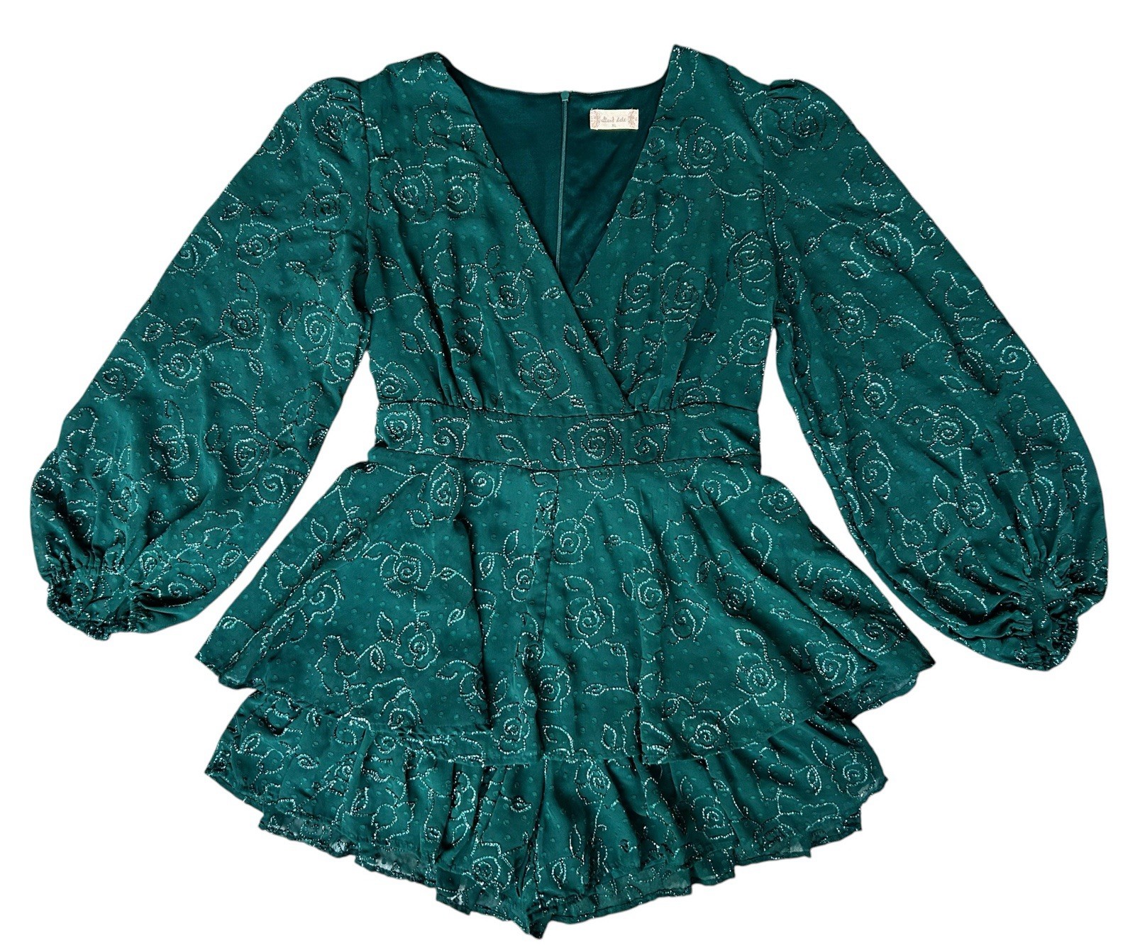 Altar’s State Emerald Green Almorah Embroidered Layer Ruffle Romper XL Balloon