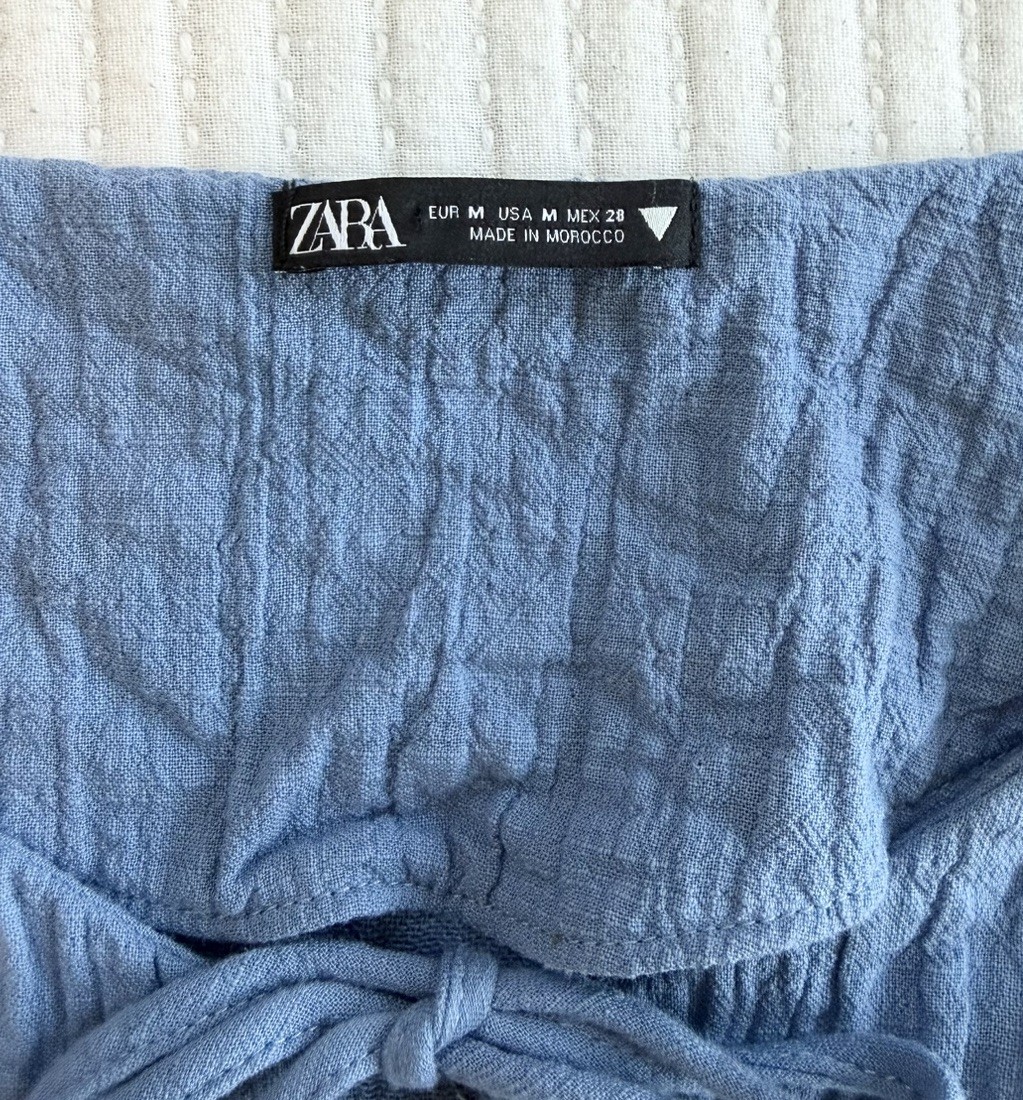 Zara Tie Front Cotton Gauze Coastal Blue Textured Romper Medium