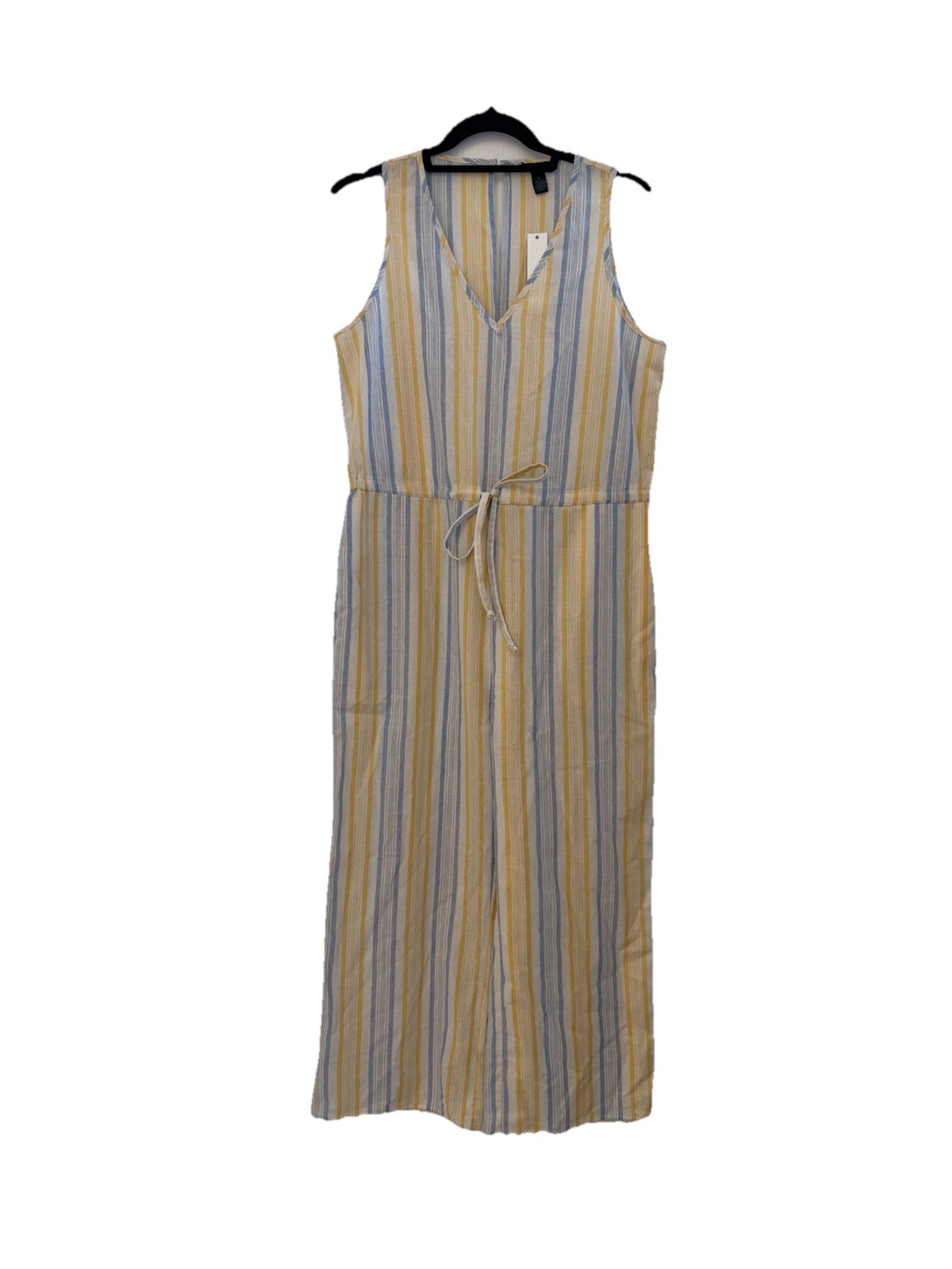 New Anthropologie DREW Small Stripe Cropped Wide Leg Cotton Jumpsuit Blue Yellow