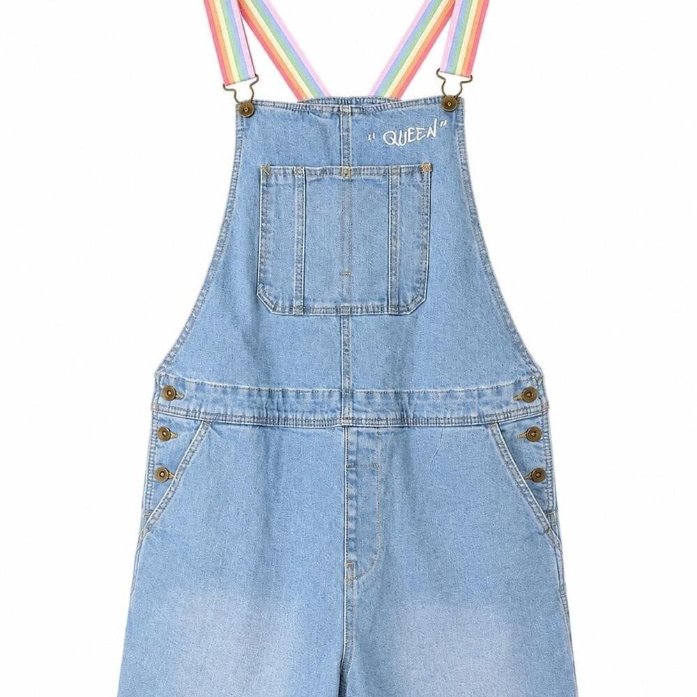 Rainbow Strap Denim Romper Overalls “Queen” Embroidered Trendy Y2K Cottagecore