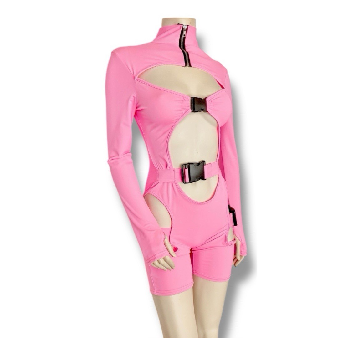 Pink High Neck Long Sleeve Romper Cut-Out Buckle Zip Stretch Party Size L