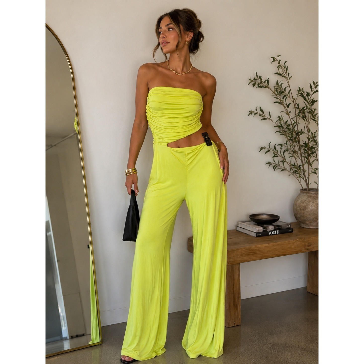 House of Harlow 1960 Chartreuse Ruched Cutout Jumpsuit Neon Green Small