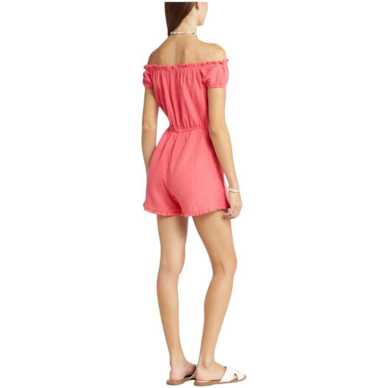 BP Pink Seersucker Off Shoulder Romper Large 100% Cotton Ruffle NWOT