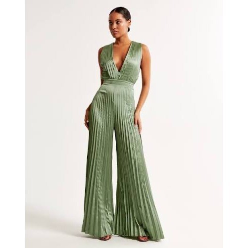 Satin Pleated Wedding Guest Abercrombie Giselle Jumpsuit Sage L