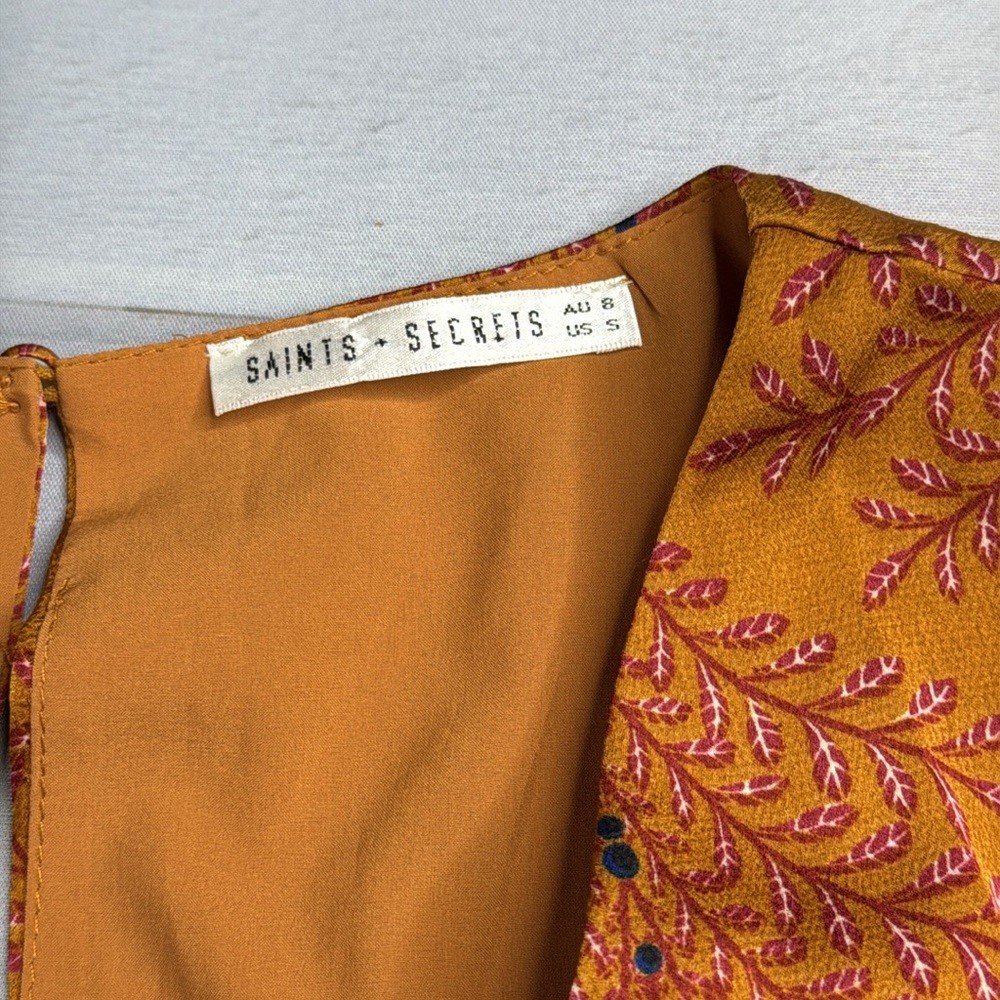 Saints + Secrets V-Neckline Wrap Romper Leaf Print Mustard Size Small