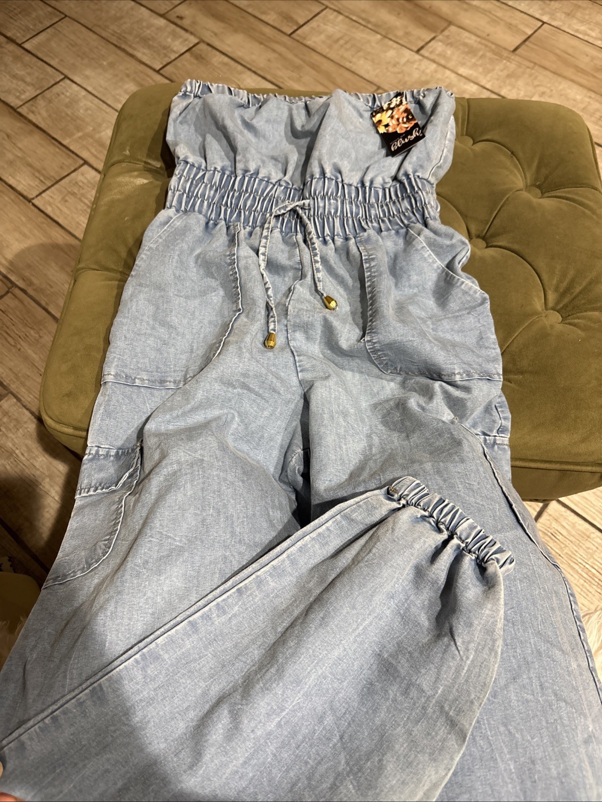 Blush Denim Strapless JUMPSUIT Romper Utility Cargo Pockets Streetwear Size S