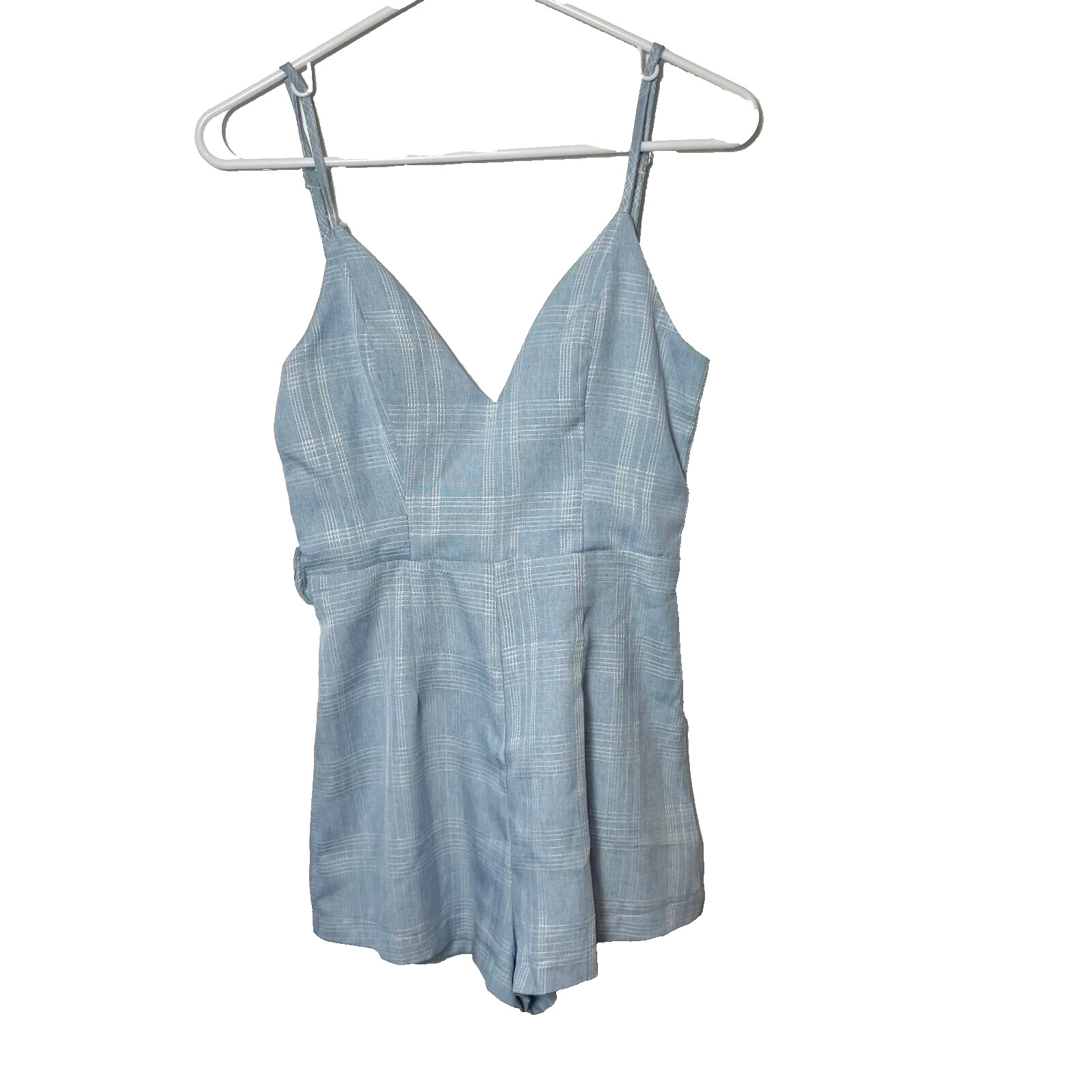Super Down Sleeveless Plaid Romper Womens XS Blue Adjustable Straps V-Neck