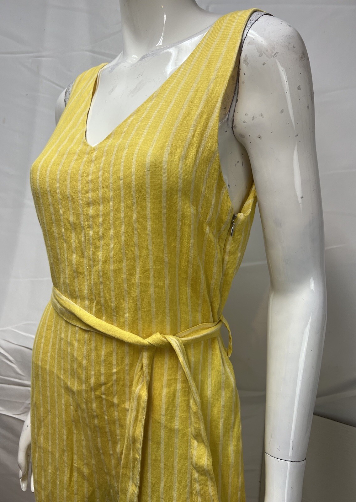 Lungo L’arno Women’s XS Yellow Linen Pinstripe Belted Wide Leg Jumpsuit