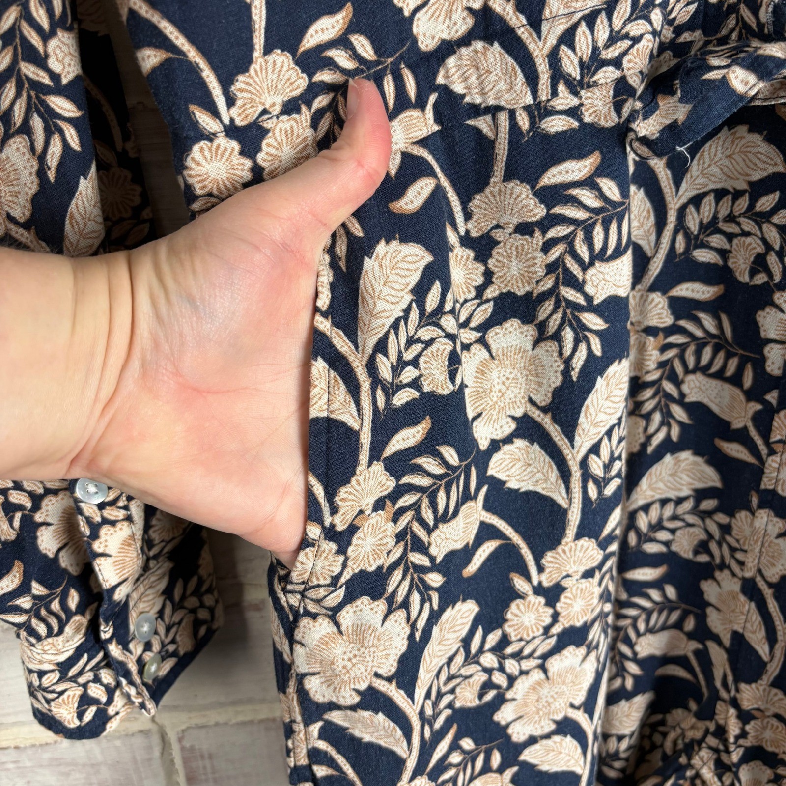 Faherty Savoie Linen Jumpsuit Navy Floral Long Sleeve Boho Coastal Resort Size L