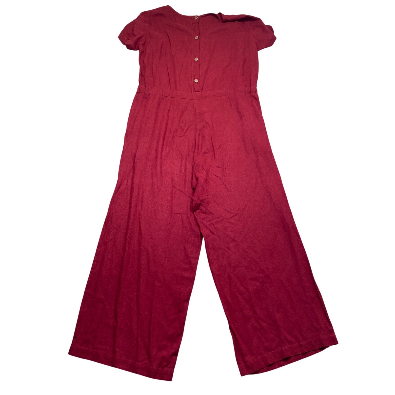 Linen Blend Short Sleeve Wide Leg Jumpsuit Red Wine Button Back Tie Waist
